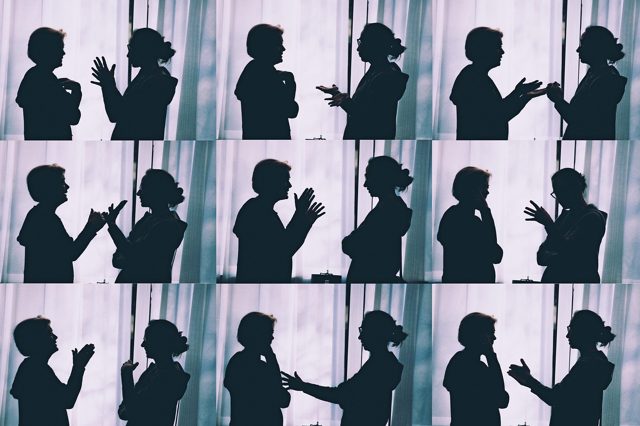 nine different images of two people progressing through a discussion